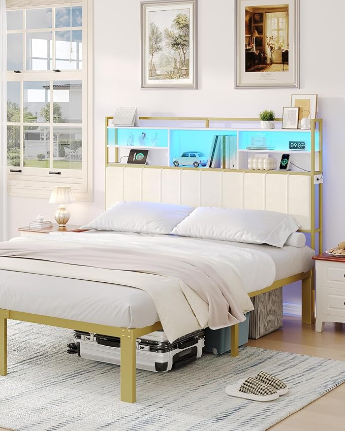 Headboard with 3-Tier Storage Shelves, Velvet Upholstered Head Board with 2 Outlets, USB Ports & LED Light, Soft Backrest for King Size Bed, White and Gold BH19403A