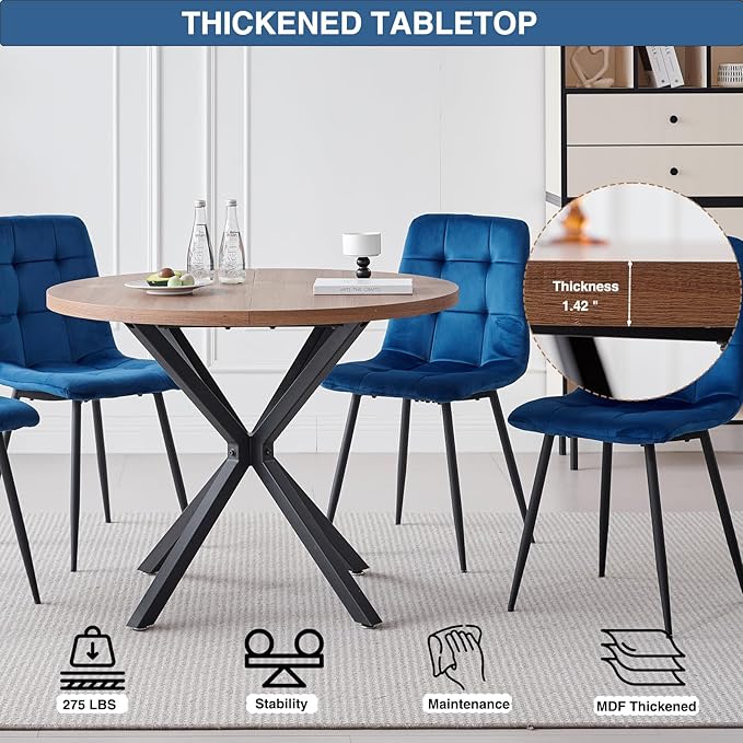 39" Round Dining Table Set for 4, Mid Century Kitchen Table with 4 Velvet Dining Chairs for Apartment Living Room Space Saving