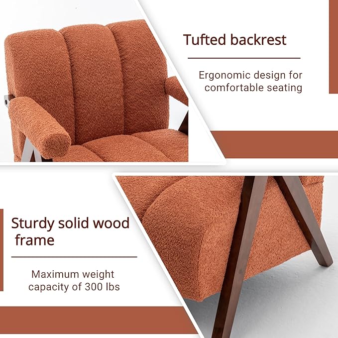 Mid Century Modern Accent Chairs Set of 2 with Solid Wood Frame, Boucle Upholstered Living Room Chairs with Thick Cushion, Comfy Tufted Arm Chair for Bedroom, Orange