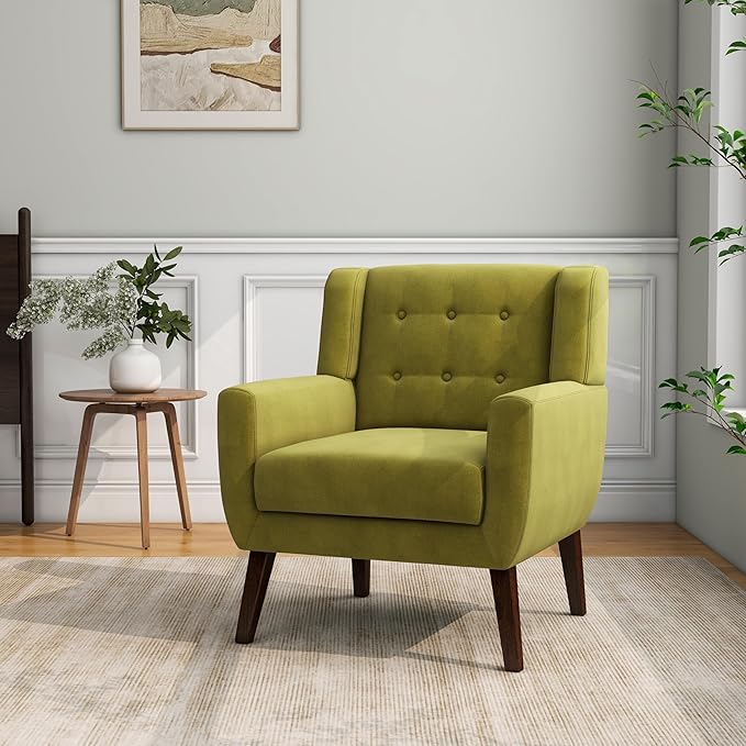Accent Chair, Mid-Century Modern Velvet Fabric Chairs with Arms for Living Room, Comfy Upholstered Club Single Sofa Armchair for Bedroom Waiting Room with Solid Wood Frame (Velvet Green, Set of 1)