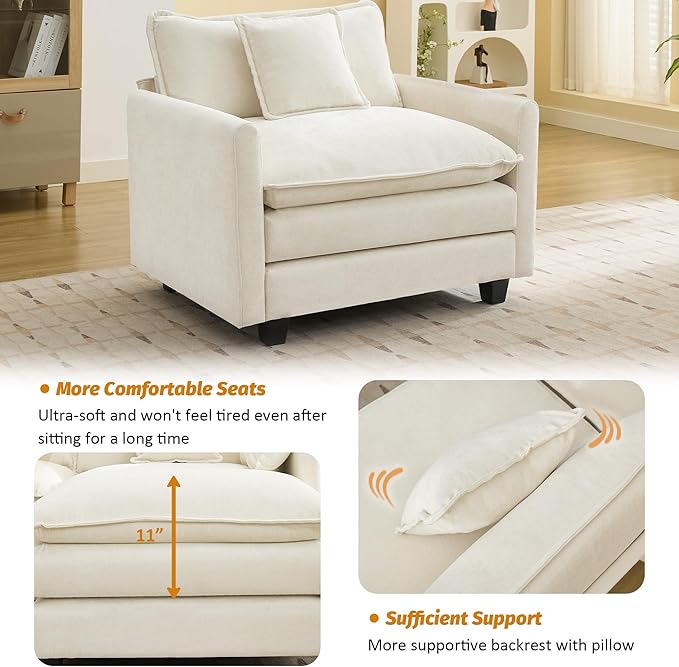 41'' Modern Chenille Oversized Chair, Upholstered Accent Living Room Chair with Extra Thicked Deep Seat, Single Lounge Chair for Bedroom, Small Apartment, Beige