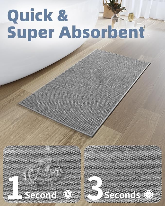 PADOOR Non-Slip Bath-Mats for Bathroom, Rubber-Backing Braided Absorbent Bathroom Mat Machine Washable Thin Bathroom Rugs Fit Under Door Quick Dry Bath Rugs for Floor, 17''x24'' Grey
