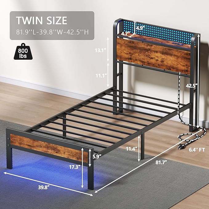 Furnulem Bed Frame Twin Size with LED Lights & Charging Station,Bedframe with Wood Storage Headboard,Metal Platform Bed with Under Storage,USB Port,Strong Metal Slats,No Box Spring Needed