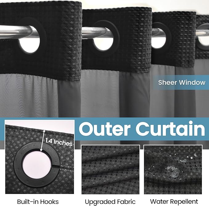 Black Stall Shower Curtain with Liner - 230GSM Waffle Textured Heavy Duty Shower Curtains for Bathroom,54W x 80H