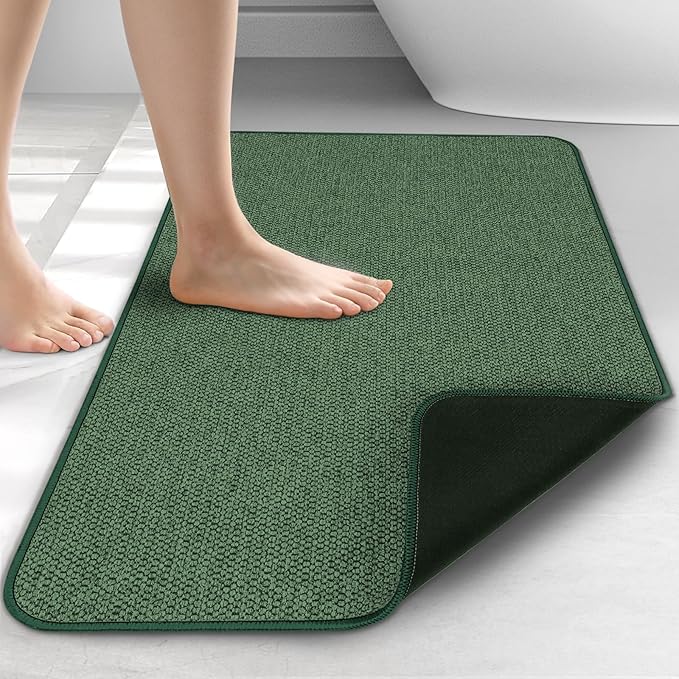 Upgraded Thin Bathroom Rugs, Bath Mat Super Absorbent, Bath Rugs Rubber Backing Non-Slip, Quick Dry Machine Washable, Cozy Cloth Bathroom Mat fit Under Door/Sink/ Bathtub/Floor/Shower 24''x36''-Green