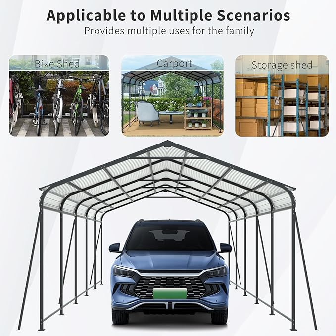 13×26.5 FT Metal Carport, Heavy Duty Carport Canopy with Galvanized Steel Roof and Frame, and 6 Fixed Inclined Square Tube Supports for Driveway Car, Truck