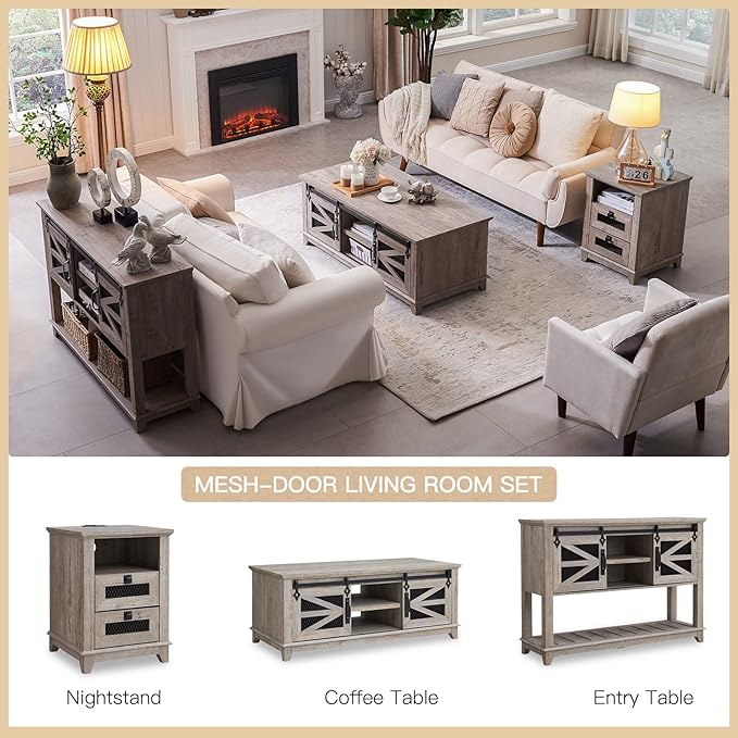 OKD Entryway Table w/Sliding Barn Doors, 46'' Farmhouse & Industrial Console Table with Storage, Rustic Sofa Table w/Adjustable Shelf & Open Shelf for Entry Way, Hallway, Living Room, Light Rustic Oak