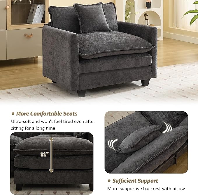 41'' Modern Chenille Oversized Chair, Upholstered Accent Living Room Chair with Extra Thicked Deep Seat, Single Lounge Chair for Bedroom, Small Apartment, Dark Grey