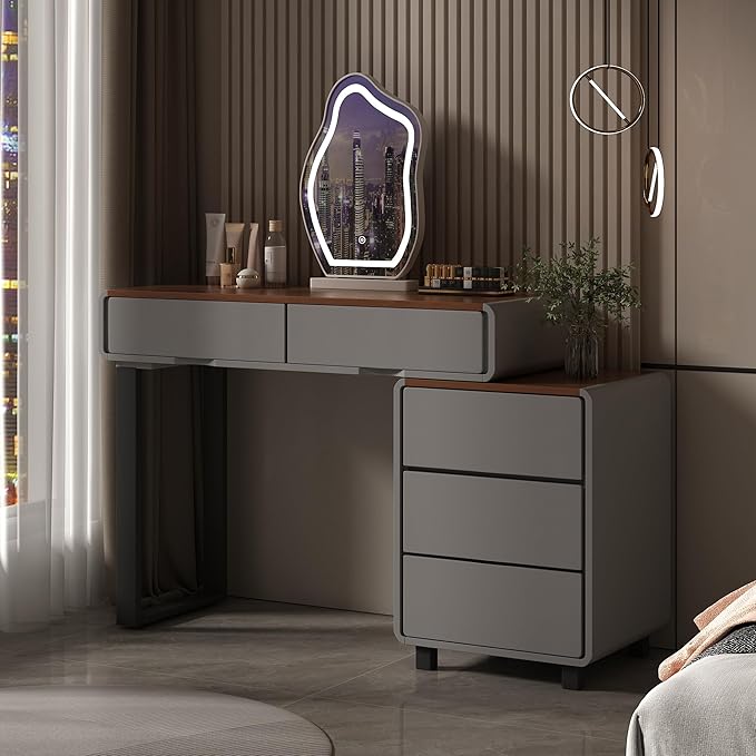Vanity Desk with Mirror and LED Lights| Small Makeup Table with 5 Drawers and Adjustable Storage Cabinet| Modern Space-Saving Dressing Table for Bedroom(Walnut Top with Gray Base)