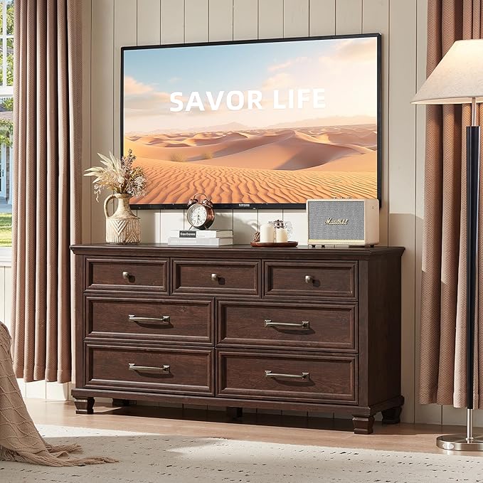 Farmhouse 7 Drawer Dresser for Bedroom, 54” Wide Dresser for Closet, Large Rustic Wooden Dressers, Chest of Drawers for Bedroom, Living Room, Entryway, Walnut
