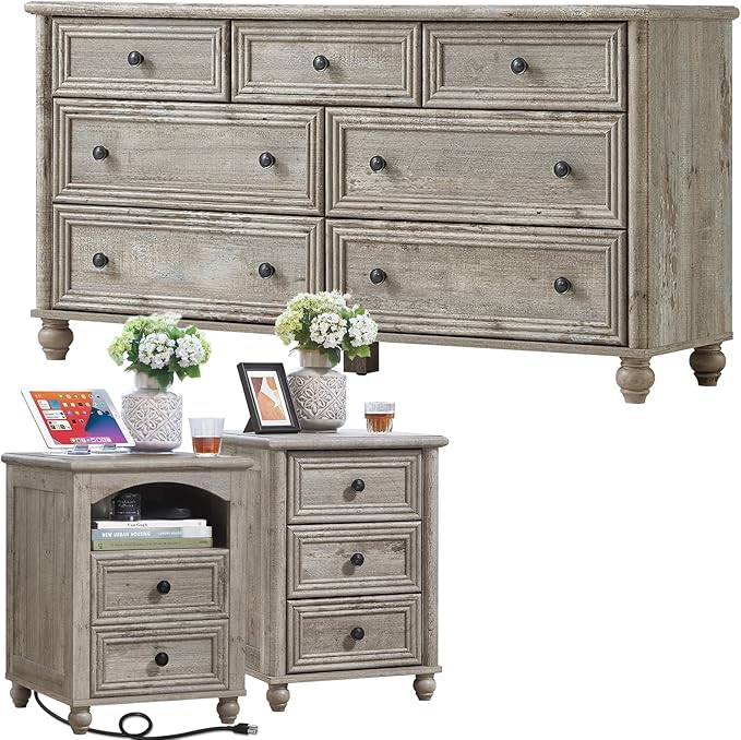 Dressers & Night Stand Set of 3, Wood 54'' Wide Dresser & 18'' Chest of Drawers, Roman Column 2 & 3 Drawer Nightstand Set of 2, Furniture 7 Drawer Dresser Suites for Bedroom Living Room, Hallway, Home