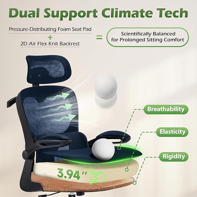 Office Chair Ergonomic Desk Chairs with Adjustable Lumbar Support& Headrest Hanger, High Back Breathable Mesh Chair with Wheels, Rolling Swivel Comfy Task Computer Chair for Home Work Gaming