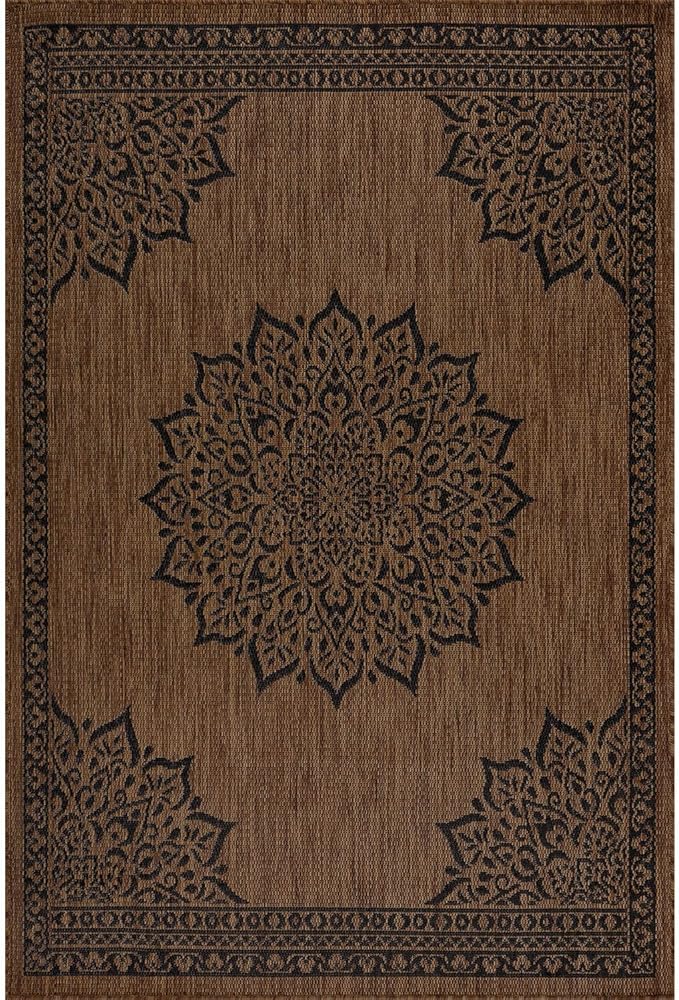 CAMILSON Outdoor Rug 8x10 Medallion Nut Brown Black Modern Area Rugs for Indoor and Outdoor Patios, Kitchen and Hallway Rug, Washable Porch Deck Outside Carpet (8 x 10)
