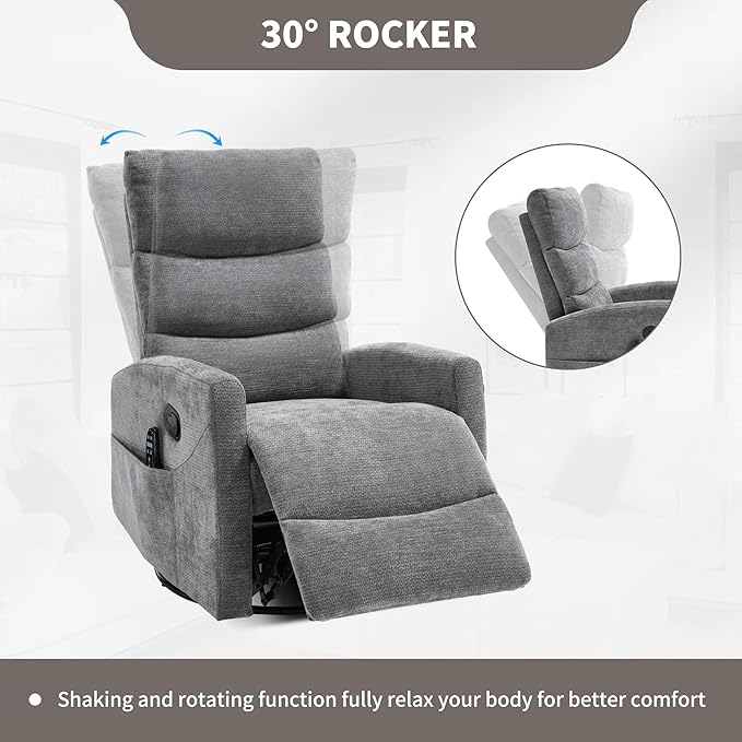 PELUMY Massage Recliner Chair with Heat - Manual Rocker Swivel Recliner, 360° Rotation & 155° Recline for Living Room（Linen Fabric, Grey）