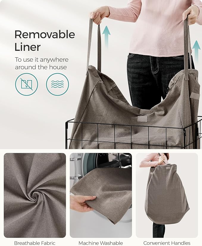 SONGMICS Laundry Hamper, 29 Gal. (110L) Laundry Basket, Collapsible Clothes Hamper, Removable and Washable Liner, Metal Wire Frame, for Bedroom Bathroom, Black and Camel Brown ULCB111N01