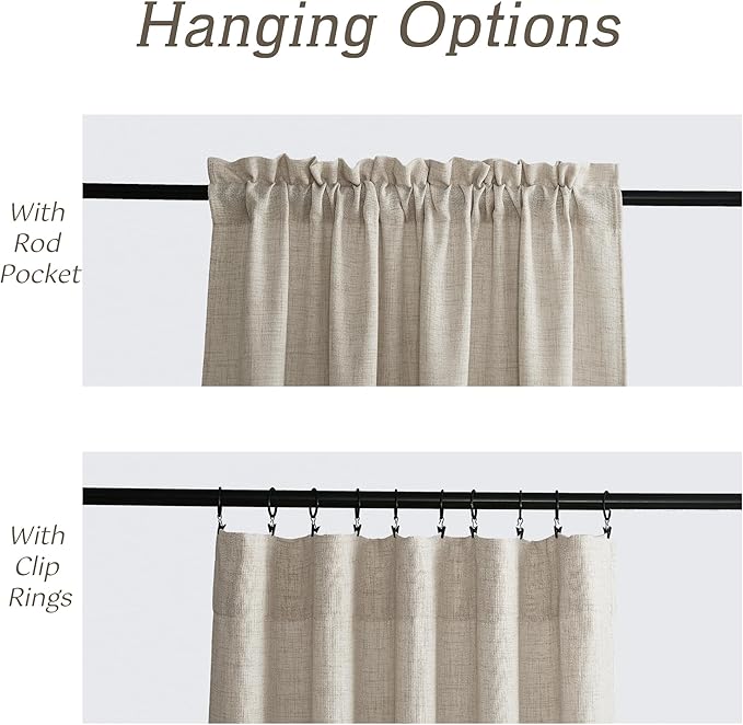 RYB HOME Natural Beige Linen Sheer Curtains 96 inches Long for Living Room and Dining Room, Weave Textured/Rod Pocket, Light Filtering Sheer Curtains and Drapes, W 52 x L 95 inches, 2 Panels Set
