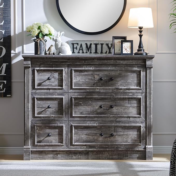 Farmhouse 6 Drawers Dresser for Bedroom, 48" Wide Large Dressers & Chests of Drawers w/Roman Column, Storage Dressers Organizer for Bedroom, Hallway, Living Room, Light Grey