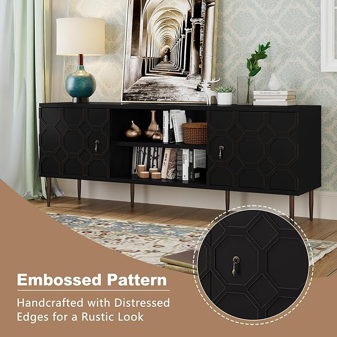 Modern TV Stand for 65/70inch TV, Entertainment Center with Storage Cabinet and Open Shelves, Embossed Pattern TV Stand, TV and Media Console for Living Room, Bedroom, Black
