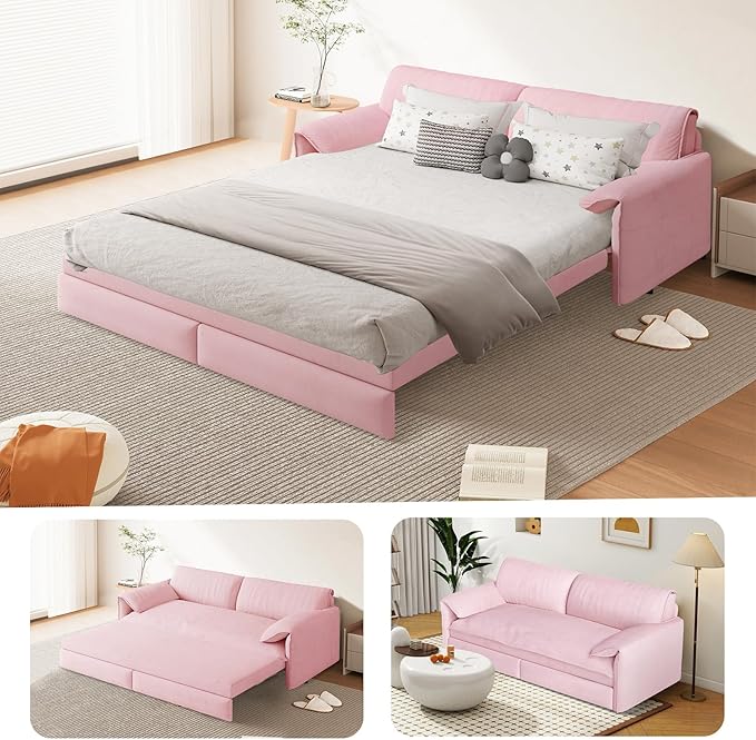 66-Inch Queen Size Convertible Sleeper Sofa Bed, 3-in-1 Pull-Out Futon Loveseat, Velvet Love Seat Couch with Side Pocket for Living Room, Office, Apartment, RV, Hide-A-Bed Fold Out Sofa&Couch