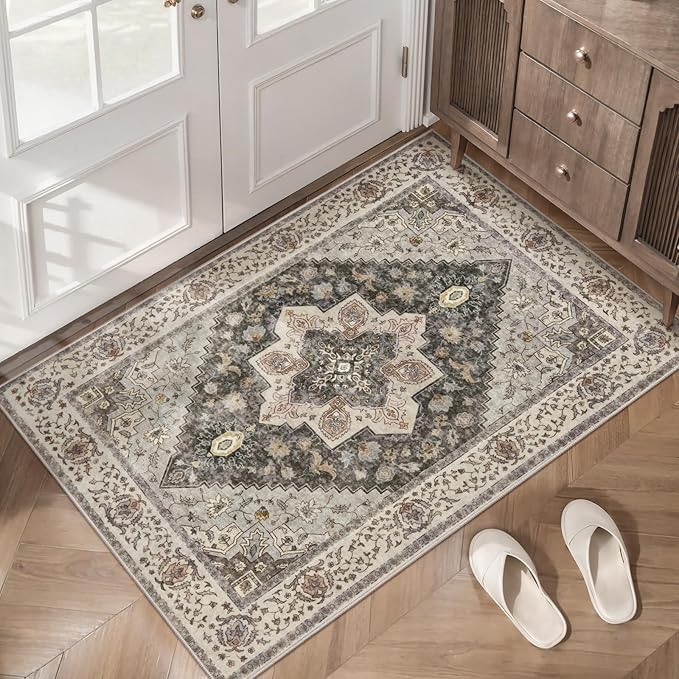 Tangsoo Vintage 2x3 Washable Rug Entryway Door Mat Small Carpet Indoor Front Door Entrance Kitchen Bedroom Bathroom Grey/Brown Non Slip Print Soft Low Pile Print Distressed