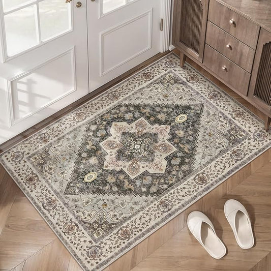 Tangsoo Vintage 2x3 Washable Rug Entryway Door Mat Small Carpet Indoor Front Door Entrance Kitchen Bedroom Bathroom Grey/Brown Non Slip Print Soft Low Pile Print Distressed