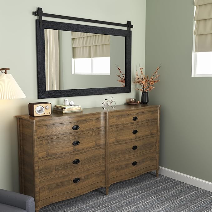 Farmhouse Mirror 42”x28” Black Rustic Mirror for Wall Vanity Mirrors Barn Door Style Decor Bathroom Living Room Entryway Bedroom Mirrors