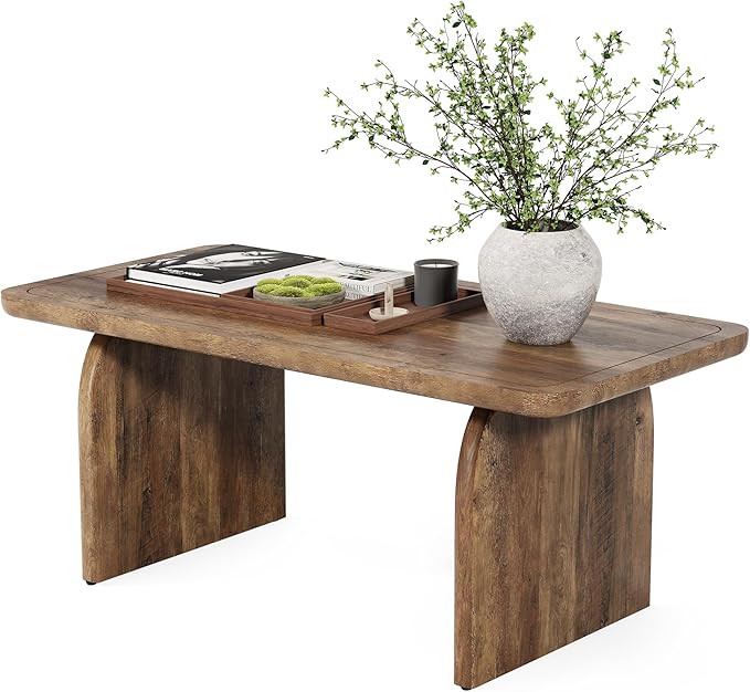 LITTLE TREE Farmhouse Coffee Table, 47 Inches Wooden Center Tables with Rounded Corners, Rectangular Living Room Tables, Modern Low Cocktail Tea Furniture for Living Room (Rustic Brown)