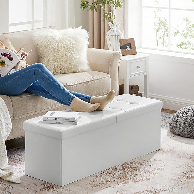 SONGMICS MAZIE Collection - 43 Inches Storage Ottoman Bench with Flipping Lid, Storage Chest with Iron Frame Support, Load 660 lb, for Living Room, Bedroom, Synthetic Leather, White ULSF75WT