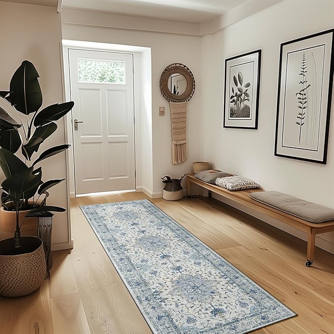 Area Rugs 2'x8' Washable Non-Slip, Floral Vintage Distress Print Pattern Medallion Carpet for Living Room Bedroom Dining Room, Light Blue Navy Beige Gray White