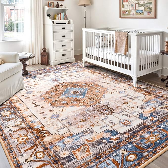 5x7 Area Rugs for Living Room, Non Slip Vintage Floral Rug for Bedroom Dining Room, Low Pile Indoor Carpet for Nursery, Kitchen, Office Home Decor, Orange