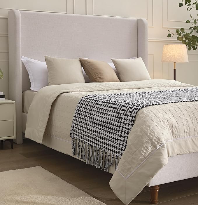 King Size Upholstered Bed Frame with 54" Tall Wingback Headboard, Chenille Fabric, Sturdy Metal and Wood Support, Solid Wood Feet, Box Spring Required (Ivory White Chenille, King)