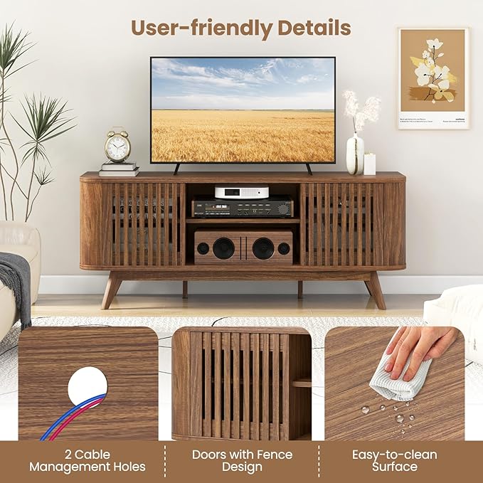 Giantex Fluted TV Stand for TVs up to 60", Mid Century Modern Entertainment Center w/Storage, 2-Door TV Cabinet w/Adjustable Shelves, Media Console Table for Living Room, Bedroom, Walnut