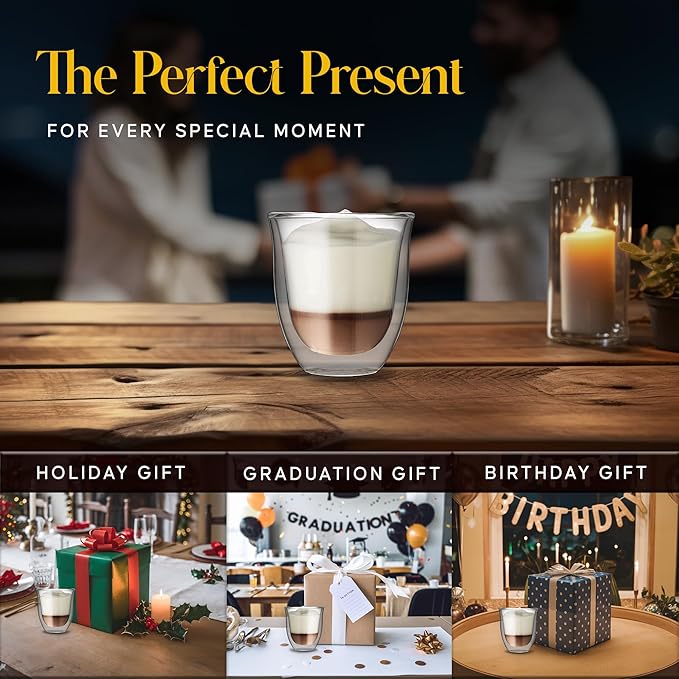 Kitchables Double Walled Glass Coffee Mugs Set of 4, 6oz Insulated Glass Coffee Mugs for Cappuccino, Latte, Tea, Espresso - Demitasse Latte Cup - Tazas Para Cafe