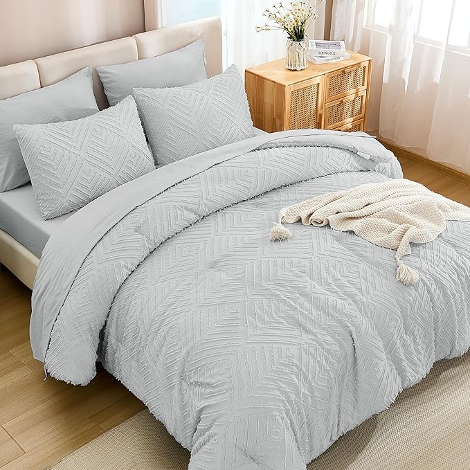 Andency Light Grey Full Size Comforter Set with Sheets - 7 Pieces Bed in a Bag Boho Tufted Bedding Sets Fluffy Lightweight Gray Full Bed Set with Comforter, Sheets, Pillowcases & Shams for All Season