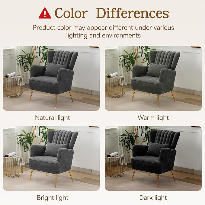 Fabric Accent Living Room Arm Chair Set of 2 Mid Century Modern Chairs with Pillow & Golden Legs, 8.5" Thick Cushion, Upholstered Comfy Sofa Armchair for Reading Room/Bedroom, Grey