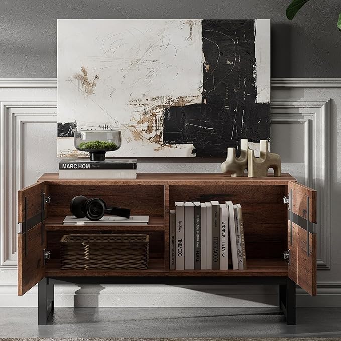 WAMPAT Modern TV Stand for TVs up to 50 inch, Entertainment Center TV Console with Storage Cabinet and Metal Base, Wood Media Console for Living Room,Brown