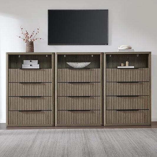 SICOTAS Dresser for Bedroom - Tall Dressers & Chests of Drawers with 4 Drawers Large Modern Dresser for Closet Fluted Wide TV Stand Clothes Closet Storage for Bedroom Hallway Entryway, Grey Alder