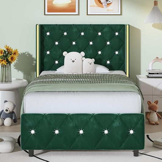 HOMBCK Twin Bed Frame with Headboard, Velvet Upholstered Bed with Diamond Tufted Design, Kids Bed Frame with Wooden Slats Support, No Box Spring Required, Easy Assembly, Green