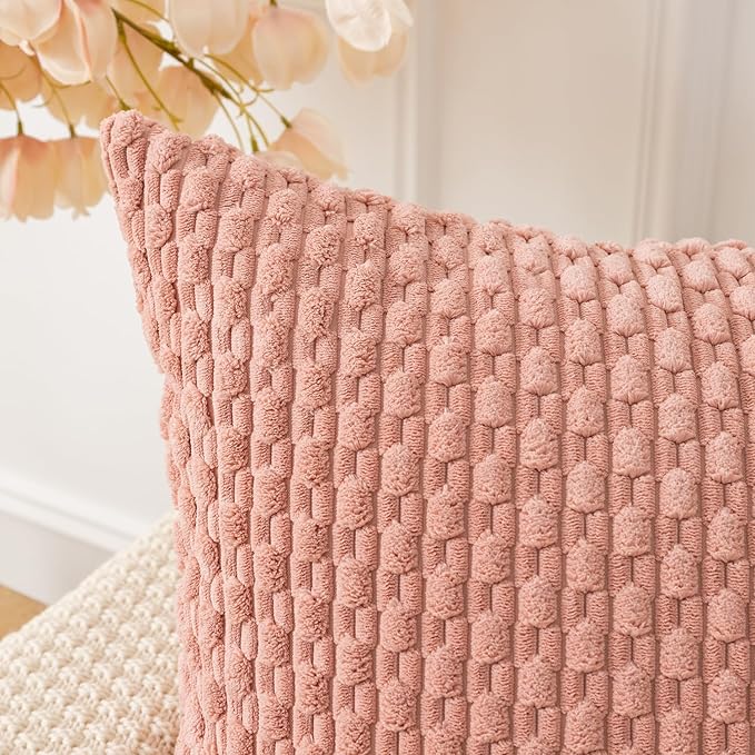Kevin Textile Throw Pillow Covers Soft Corduroy Decorative Set of 2 Boho Striped Pillow Covers Pillowcases Valentines Day Farmhouse Home Decor for Couch Bed Sofa Living Room 26x26 Inch Baby Pink