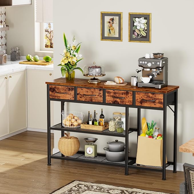 Furnulem Entryway Table 47'' Sofa Console Table with 4 Fabric Drawers, Industrial Entry Way Shoe Rack with Metal Mesh Shelf for Front Door, Foyer Wooden Top, Sturdy Metal Frame, Rustic Brown