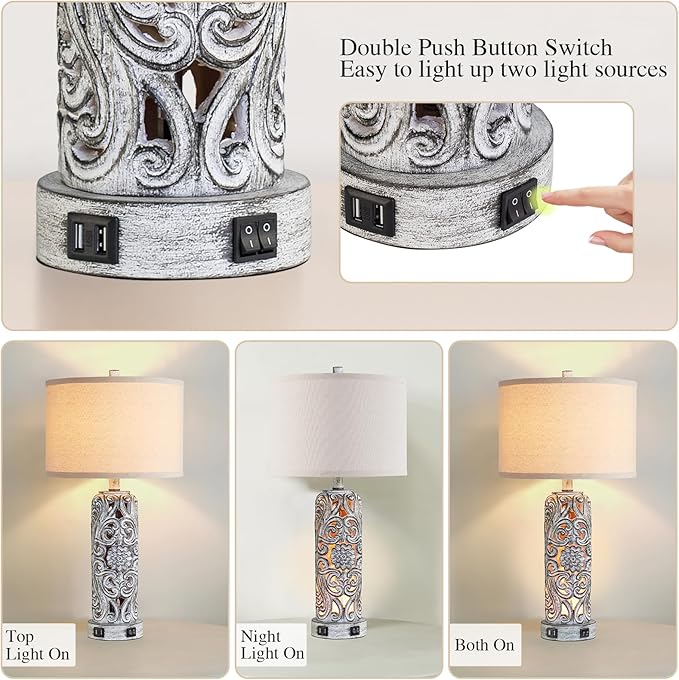 25'' Set of 2 Farmhouse Table Lamps with 2 USB Ports for Living Room Bedroom, Rustic Vintage Table Lamp with Nightlight, Earthy Yellow Hollow Out Resin Lamp for End Table, 2 Bulbs Included