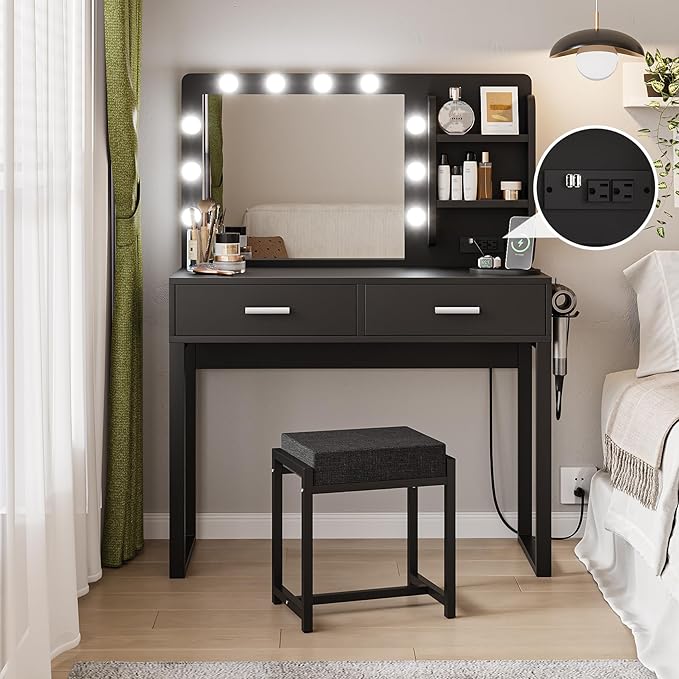 Semiocthome Makeup Vanity Desk with Mirror and Lights, Vanity Table with Power Outlet, Shelves, 2 Drawers, and Metal Frame, 3 Lighting Modes & Adjustable Brightness Dressing Table with Chair - Black