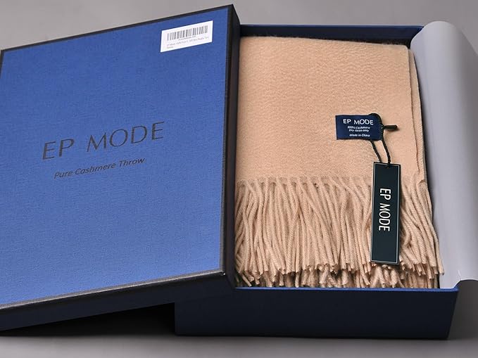 EP Mode 100% Pure Cashmere Throw Blanket for Sofa, Classic Design with Gift Box (Rugby Tan)
