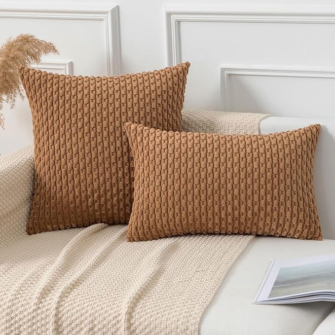 Kevin Textile Throw Pillow Covers Soft Corduroy Decorative Set of 2 Boho Striped Pillow Covers Pillowcases Farmhouse Home Decor for Couch Bed Sofa Living Room 26x26 Inch Khaki