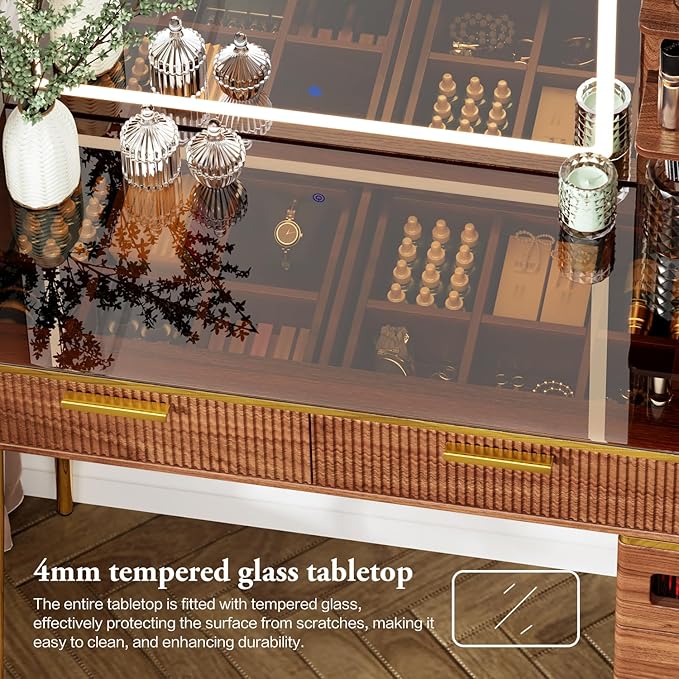 47.24" Big Modern Vanity Desk with Mirror and Lights,Makeup Vanity Desk with 5 Drawers and Storage Shelves & Power Outlet,Dressing Table with Glass Top, Walnut