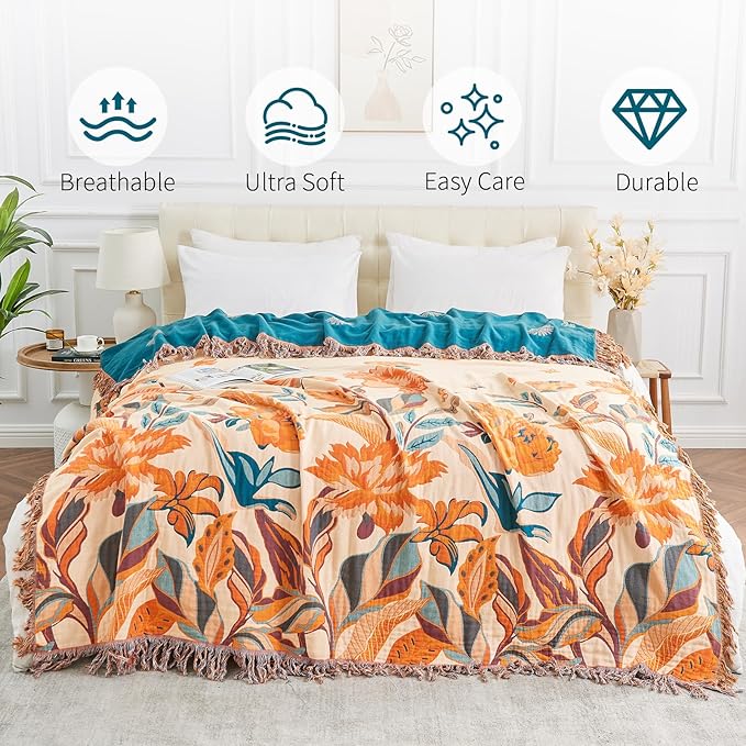 Boho Throw Blanket for Bed-100% Cotton Soft Breathable Farmhouse Decor Boho Quilt for Sofa (Flowers Tulips, 90"x98")