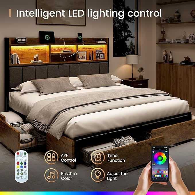 Queen Bed Frame with 6 Storage Drawers, Linen Upholstered Headboard, Built-in USB Charging Station & LED Lighting, Silent Metal Support, No Box Spring Needed, Vintage Brown