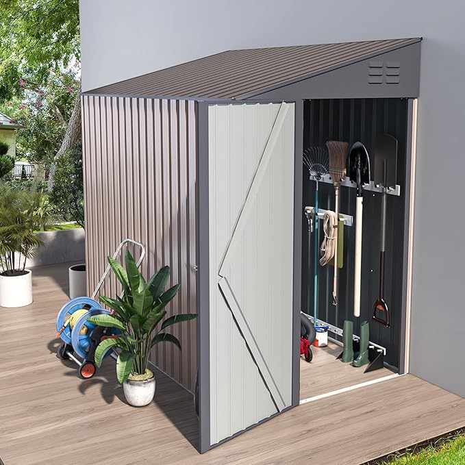 AECOJOY 4' x 6' Lean to Shed - Small Metal Shed & Outdoor Storage Cabinet for Garden, Backyard Use in Grey