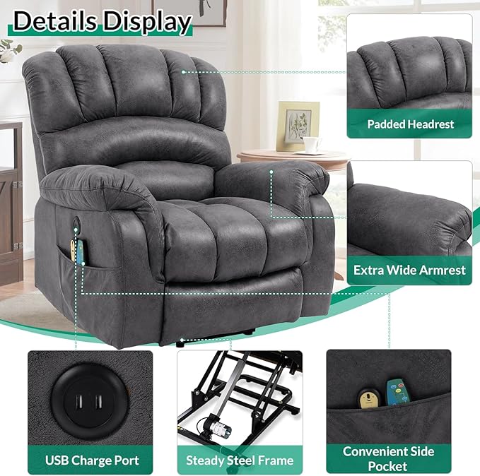 VIVIJASON Large Power Lift Electric Recliner Chair with Extended Footrest for Big Tall Elderly, Overstuffed Wide Lift Recliner with Heat & Massage, 2 Remote Controls, Side Pockets & USB Ports, Gray