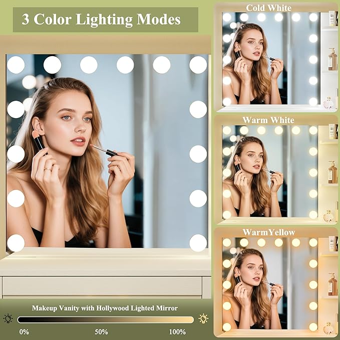 Vanity Desk with Lights, 37inch Makeup Vanity Desk with Mirror & Power Outlet, 3 Colors Lighting Adjustable Brightness, Makeup Vanity Set with Cushioned Chair and Cabinet, 3 Drawers, White